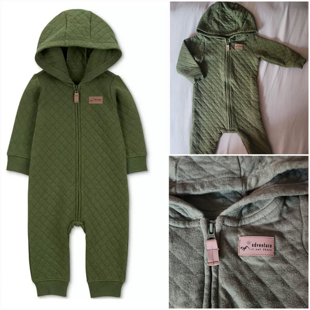Carter's Olive Green Quilted Hooded Baby Boy One-Piece Bodysuit